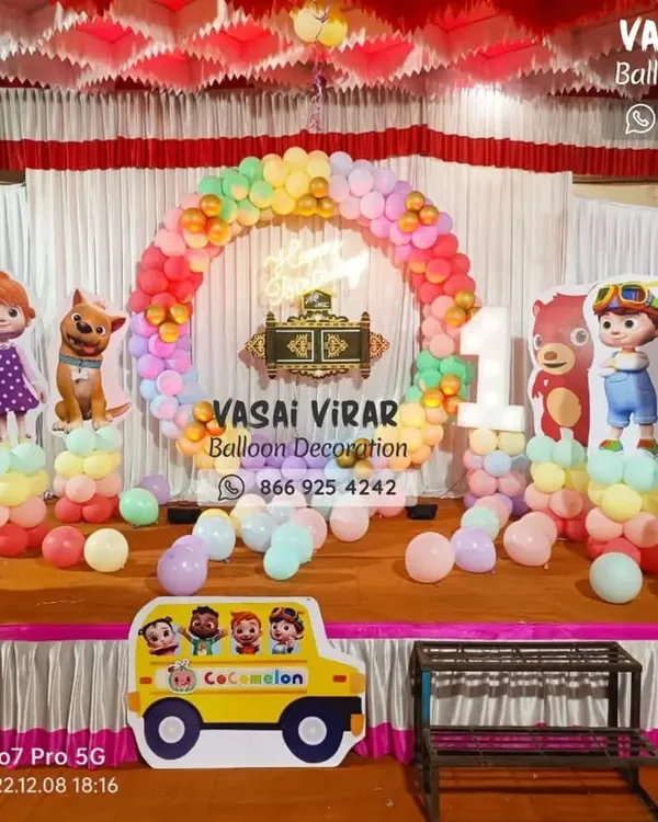 Here is another look at a full Cocomelon stage setup. We include all the main characters as cutouts, a themed bus, and a vibrant rainbow balloon arch to bring the cheerful world of Cocomelon to your party.