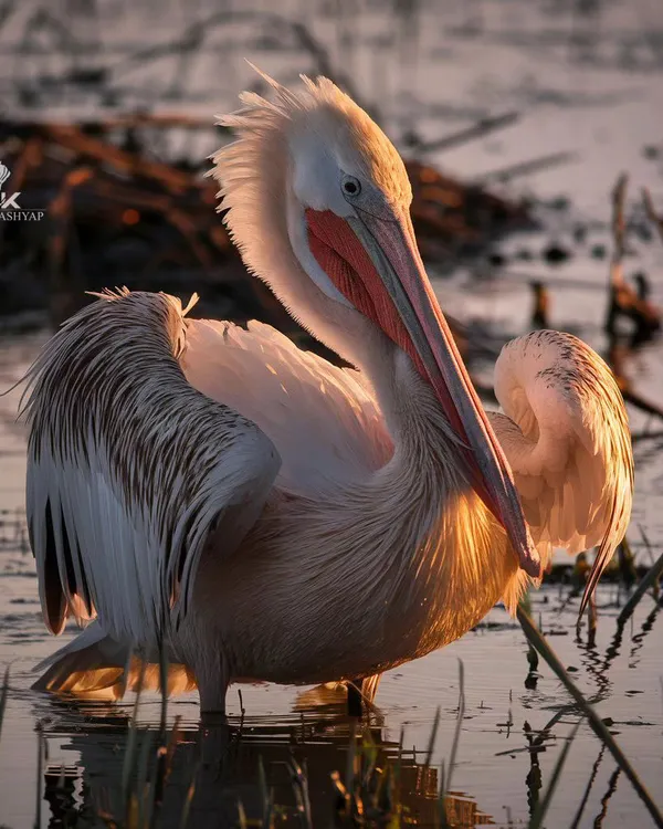 A Dalmatian Pelican preening in the warm, golden light of sunset. The light catches the edge of its feathers, creating a beautiful rim light that separates it from the dark water.
