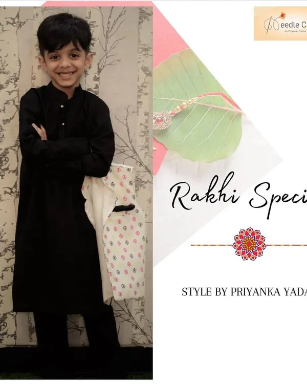 A classic black cotton kurta pajama set is a versatile and smart choice for any young boy. This Rakhi special outfit is comfortable, stylish, and can be worn for many different occasions.
