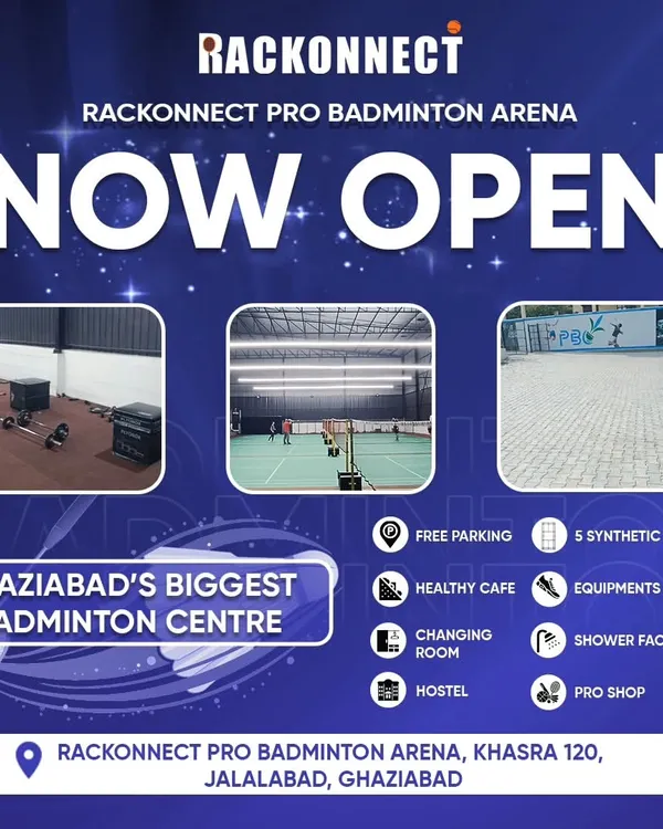 Now open! Ghaziabad's biggest badminton centre is here, complete with 5 synthetic courts, a healthy cafe, changing rooms, a pro shop, and free parking.