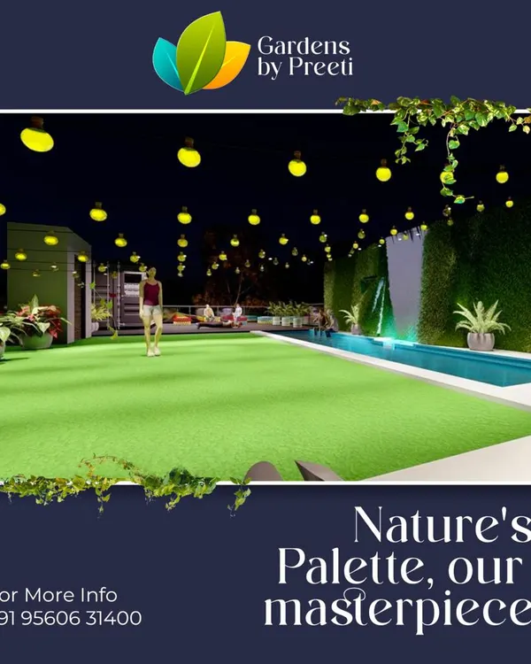 Our masterpiece begins with nature's palette. This concept for a large rooftop lawn features a water feature and ambient string lighting, designed for events or simply enjoying a vast green space under the stars.