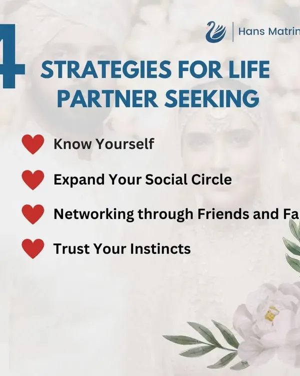 Here are four key strategies for your life partner search. Knowing yourself, expanding your social circle, networking, and trusting your instincts are all important steps.