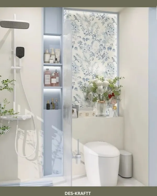 A bright and charming bathroom featuring a floral accent panel, a modern rain shower, and built-in shelving with soft backlighting for a serene glow.