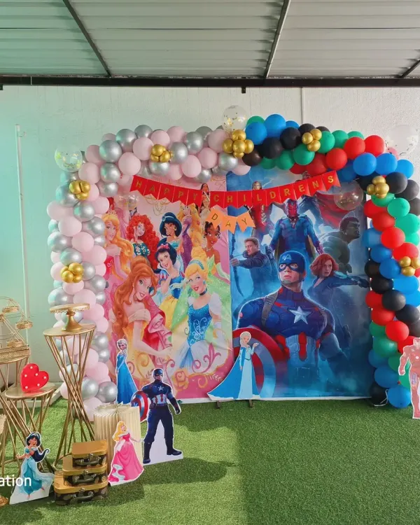For a corporate Children's Day celebration, I designed this fun dual-themed backdrop featuring popular characters, complete with a colorful balloon arch and decorative stands for treats.