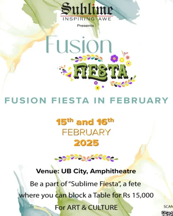 The invitation to our 'Fusion Fiesta in February,' a fete celebrating art and culture at the UB City Amphitheatre. We create events that bring the art community together.
