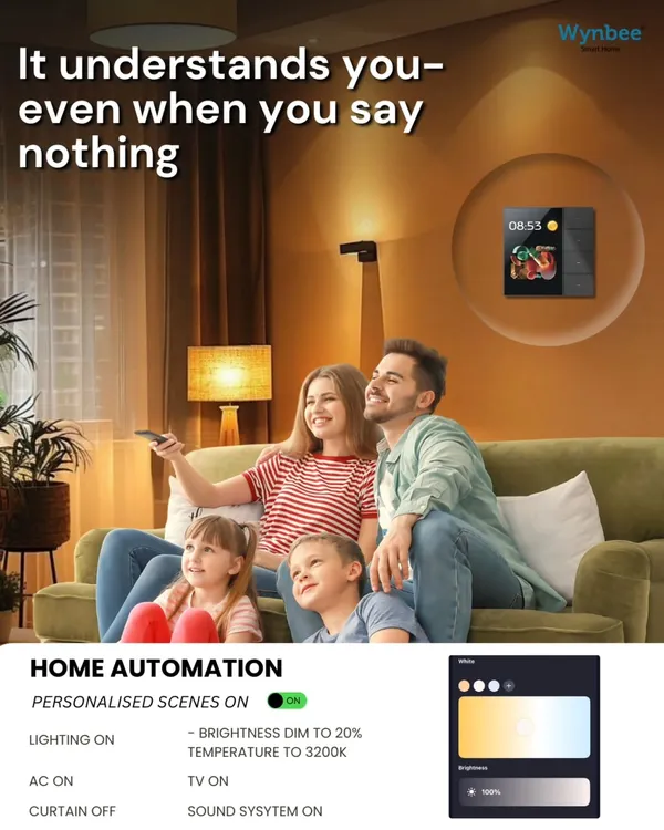 My home automation understands you, even when you say nothing. Here, a "movie night" scene is activated, automatically dimming the lights to 20 percent brightness and setting a warm 3200K temperature for the perfect family viewing experience.