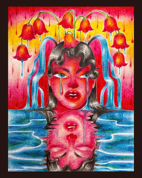 A sketchbook drawing using colored pencils, depicting a woman as a fountain of tears and flowers. This is an exploration of creating 'emotional ecosystems.'