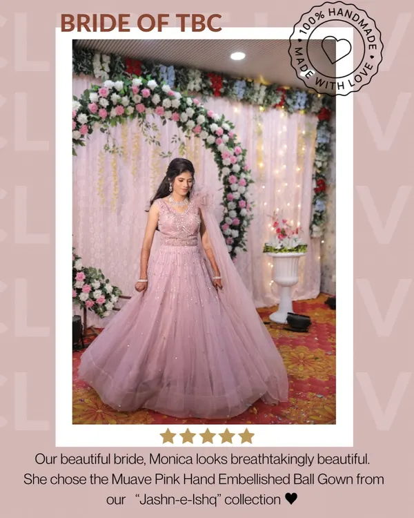 Meet my beautiful bride-to-be, Monica! She looks absolutely breathtaking in the Muave Pink Hand-Embellished Ball Gown from my "Jashn-e-Ishq" collection for her engagement. A true princess moment!