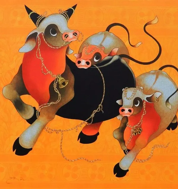 H.R. Das's iconic Bull Series is known for its warmth and joyous energy. This painting, with its bright orange background and playful figures, is a celebration of life and vitality.