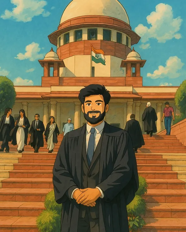 An anime-style illustration of me at the Supreme Court of India, blending my passion for law with creative art.