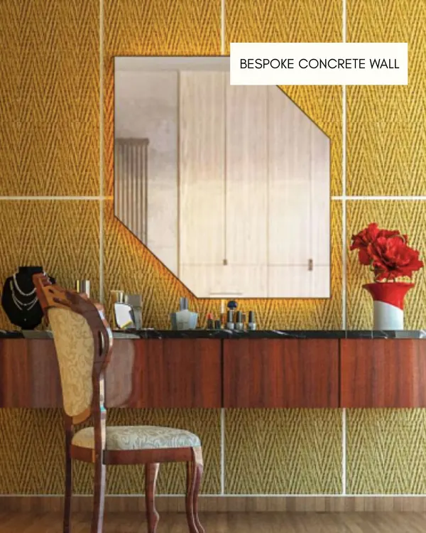 A bespoke concrete wall in a vibrant yellow, herringbone pattern. This project shows how concrete can be used to create a bold, textured, and colorful statement piece in a dressing area.