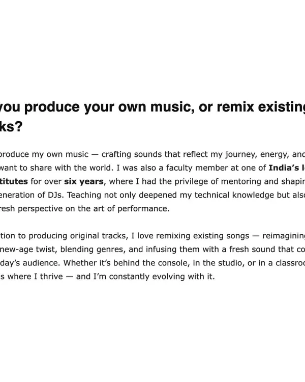 A snippet from an interview where I talk about my process. I do both, produce my own original music and remix existing tracks, constantly evolving my sound whether I'm in the studio, on stage, or mentoring.