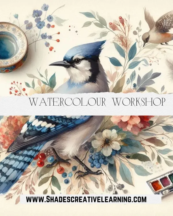 Our watercolor workshop poster, featuring a beautifully detailed blue jay to inspire you to join and learn.