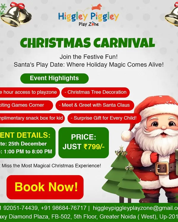 Our annual Christmas Carnival is a magical experience! This flyer details the event highlights, including a meet and greet with Santa, tree decoration, games, and a surprise gift for every child.