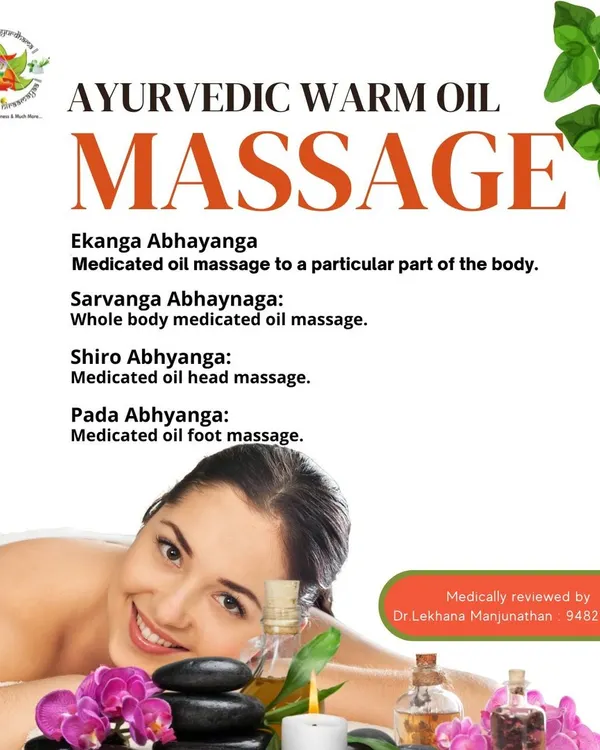 We offer a range of Ayurvedic warm oil massages, or Abhyanga. This includes Sarvanga Abhyanga (full body), Ekanga Abhyanga (specific part), Shiro Abhyanga (head), and Pada Abhyanga (foot) to suit your specific needs.