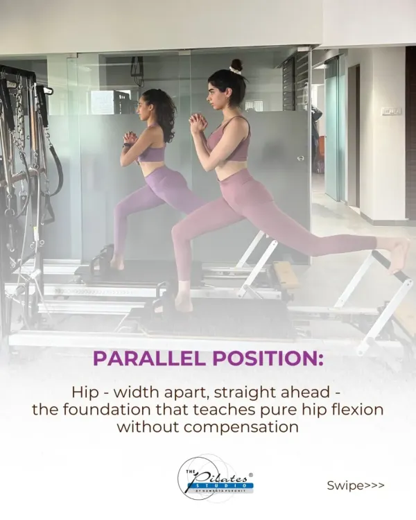 The parallel position is the foundation of all footwork. This alignment teaches pure hip flexion without compensation from other muscles, retraining your body to move correctly from the ground up.