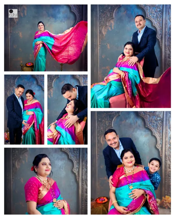 A collage from a traditional studio maternity shoot. It shows the happy couple, the soon-to-be big brother peeking in, and beautiful solo portraits of the mother-to-be in her colorful saree. This captures the entire family's excitement.