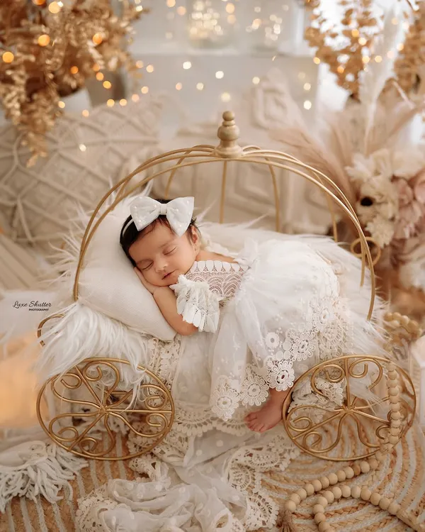 A fairytale newborn portrait featuring a sleeping baby in an elegant, lace-adorned dress, resting in a beautiful golden carriage. This setup showcases my love for creating magical, story-like images.