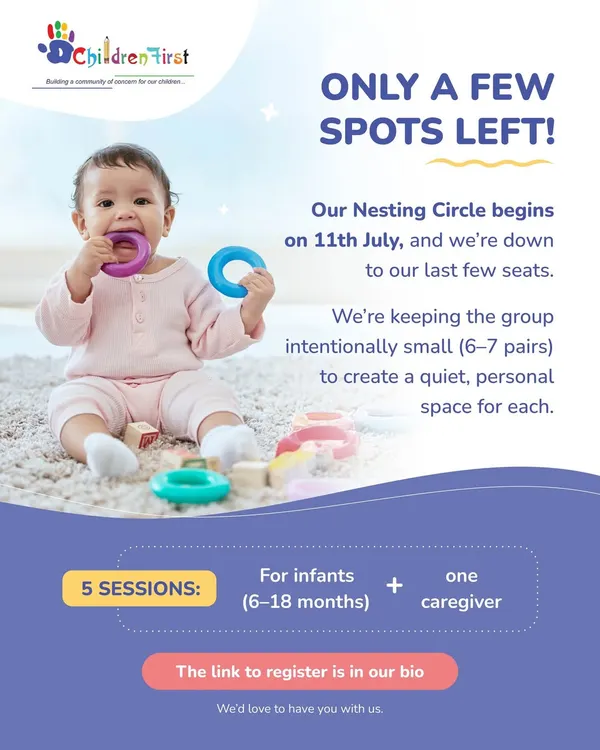 We have just a few spots left in our upcoming Nesting Circle. We intentionally keep our groups small, with only 6 to 7 parent infant pairs, to create a quiet and personal space for connection and bonding.