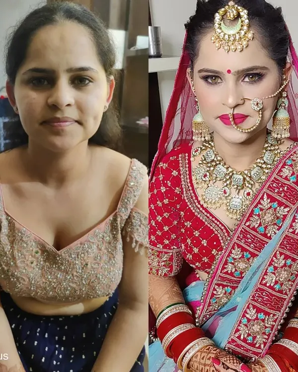 This is the magic I love to create. My goal is to enhance your natural beauty, ensuring you feel confident and absolutely gorgeous on your wedding day. This look features a flawless base, defined eyes, and a bold lip to complement the traditional red bridal lehenga.