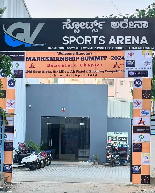 The entrance to our facility, GV Sports Arena, decorated for the Marksmanship Summit 2024. We are proud to host major shooting events for the Bengaluru chapter.