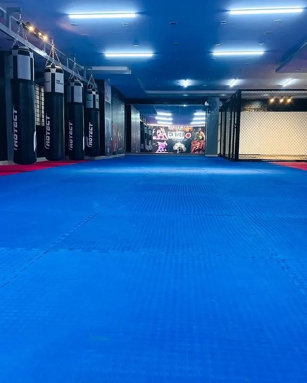 A wide view of our spacious training floor at the UMC Dojo, lined with professional-grade punching bags and ample mat space for drills and sparring.