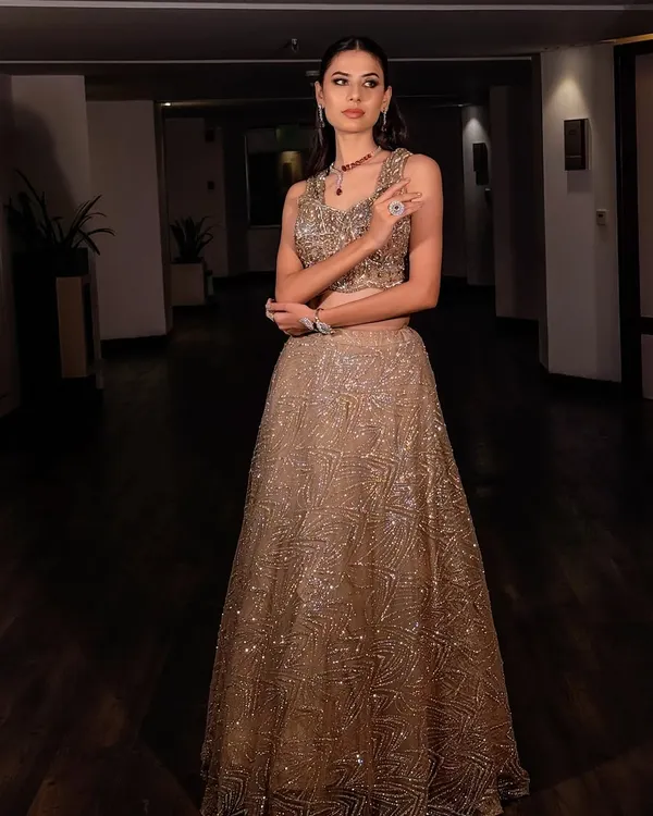 A full view of this stunning modern sangeet outfit. The makeup was designed to be bold yet elegant, with defined eyes and a flawless airbrushed finish that ensures you look perfect from every angle.
