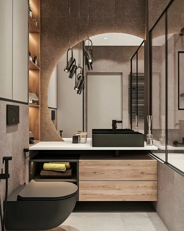 A sophisticated bathroom design featuring a unique arched mirror and dramatic pendant lighting. The combination of dark tiles, a black countertop sink, and light wood cabinetry creates a bold and luxurious look.