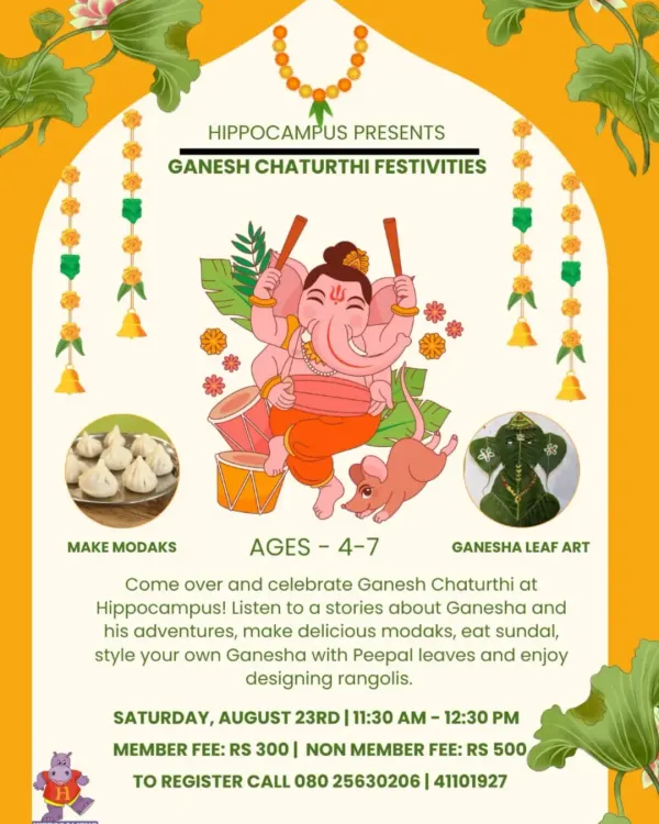 Trumpet over for an ele-phantastic time! Our Ganesh Chaturthi celebration is always a hit, filled with Ganesha stories, peepal leaf art, designing rangolis, and even making delicious modaks.