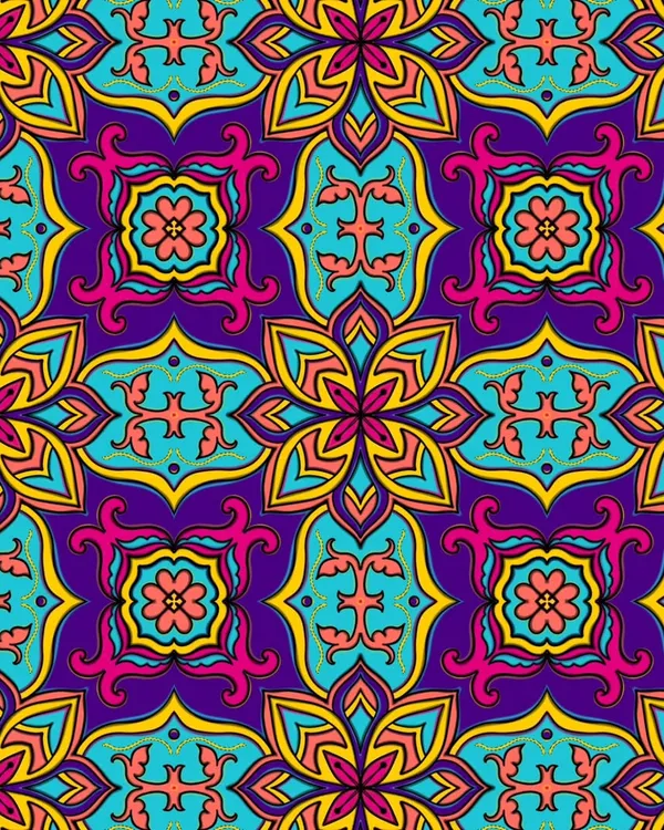 A vibrant, repeating pattern with floral and geometric motifs in jewel tones of purple, turquoise, and magenta.