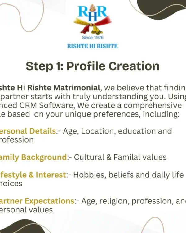 Step 1: It all starts with creating a comprehensive profile. We use our advanced software to capture your personal details, family background, and partner expectations.