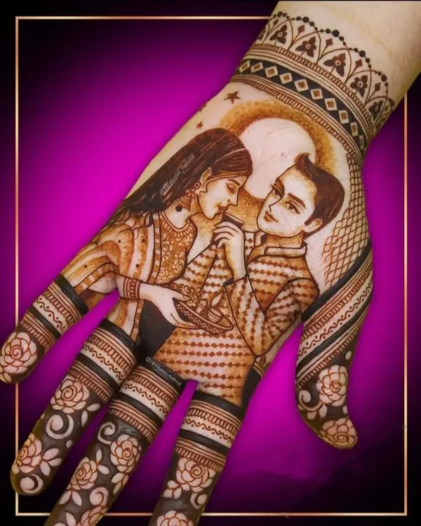 A romantic Karva Chauth design capturing a tender moment between a couple under the moonlight, perfect for celebrating your bond.