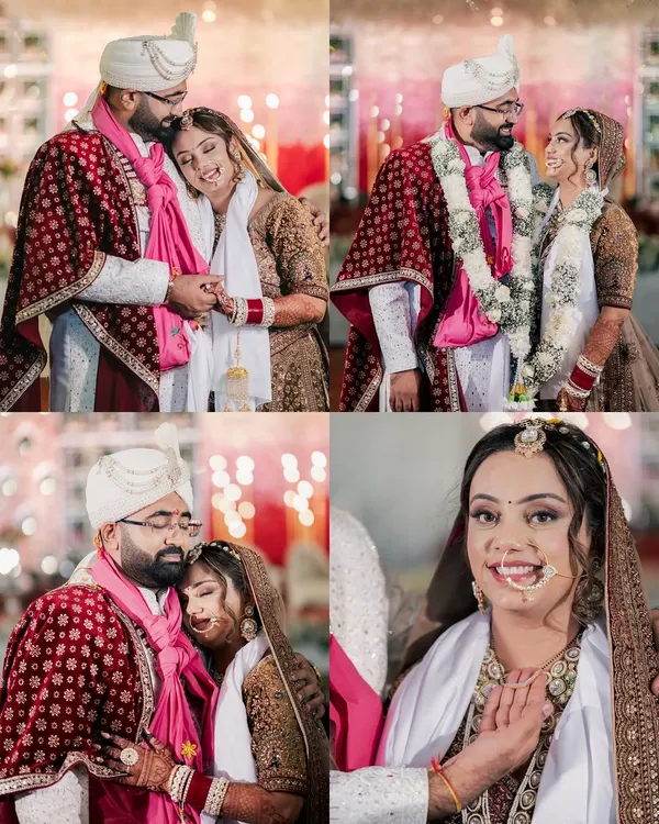 A collage of heartfelt moments between Karan and Radhika after their wedding ceremony, including tender embraces and a beautiful bridal portrait.