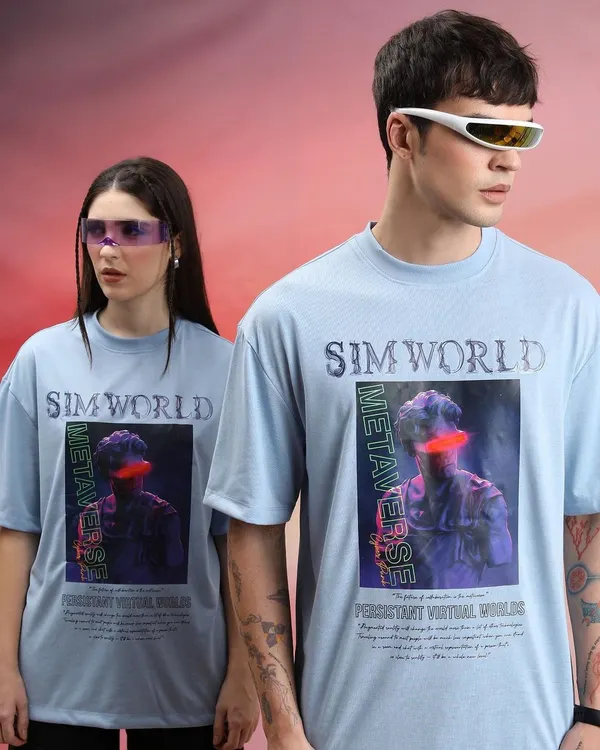 A closer look at the unisex styling for the Highlander Metaverse campaign. The matching graphic tees and futuristic eyewear create a cohesive and impactful look for two models.