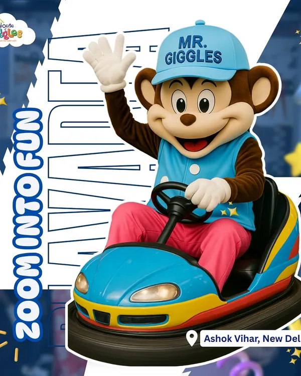Zoom into fun with Mr. Giggles! Our friendly mascot is always ready for an adventure, especially when it involves a ride in the bumper cars.