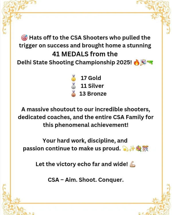 The results speak for themselves. Our academy shooters secured a remarkable 41 medals, including 17 golds, at the Delhi State Shooting Championship 2025. This graphic showcases the depth of talent we have across various categories.