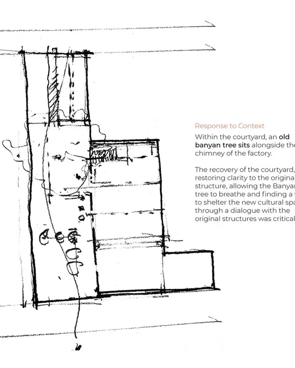 An early concept sketch responding to the context of the ice factory. The critical move was the recovery of the courtyard to allow the banyan tree to breathe and to shelter new cultural spaces through a dialogue with the original structures.