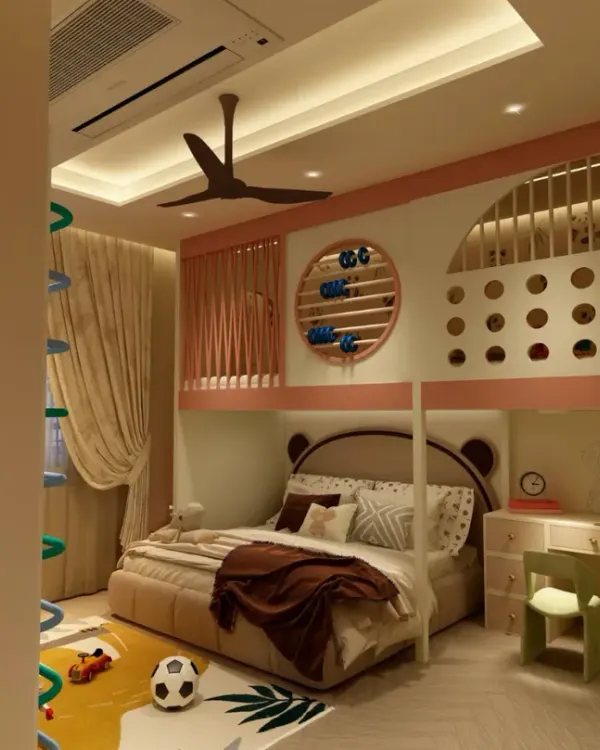This bedroom, designed for two sisters, features playful custom bunk beds, a cozy study nook, and floating shelves, all wrapped in warm, inviting lighting.