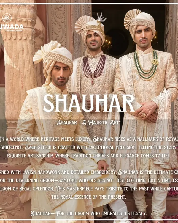 An introduction to the Shauhar Collection, a majestic art form. This image showcases three variations of my regal sherwanis, each telling a story of exquisite artisanship, adorned with lavish handwork for the discerning groom.