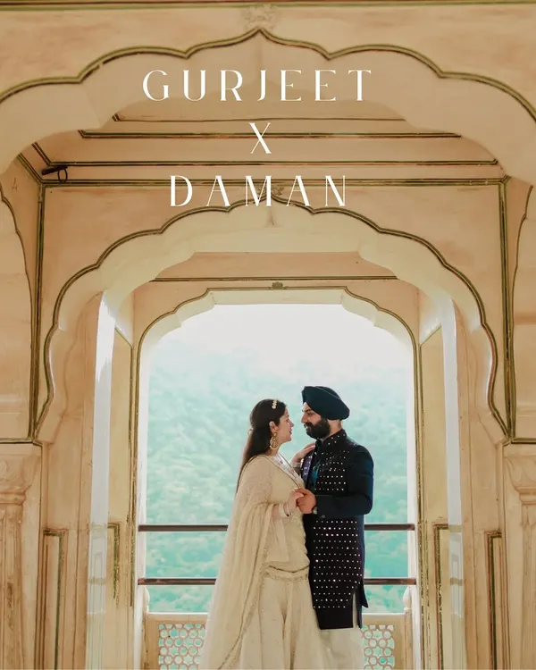A portrait of regal love, framed by the timeless arches of a Jaipur palace. This is for couples who dream of a pre-wedding shoot with royal Indian architecture as their backdrop.