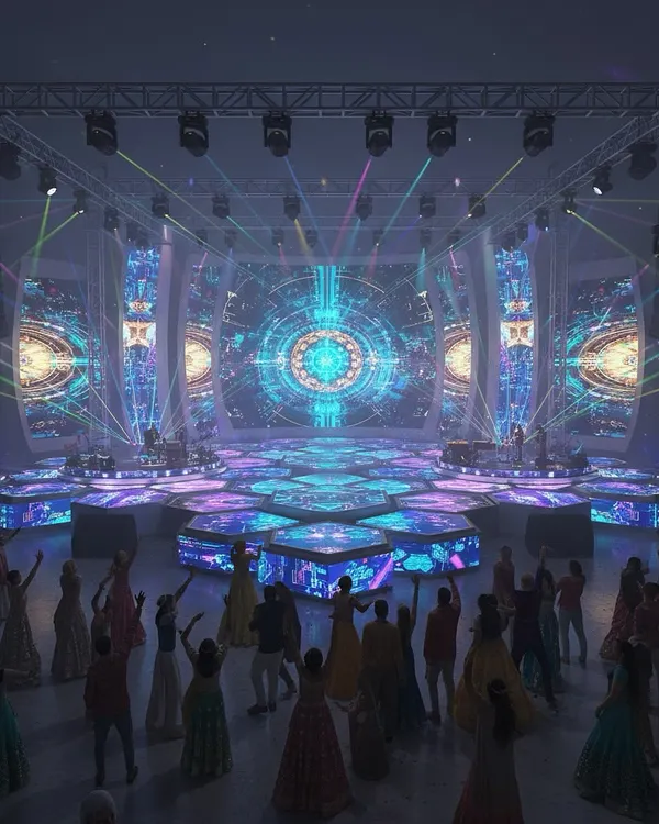 A 3D visualization of a futuristic Sangeet stage. This concept features hexagonal LED floor panels and massive screens, creating an immersive, club-like environment for a high-energy party.