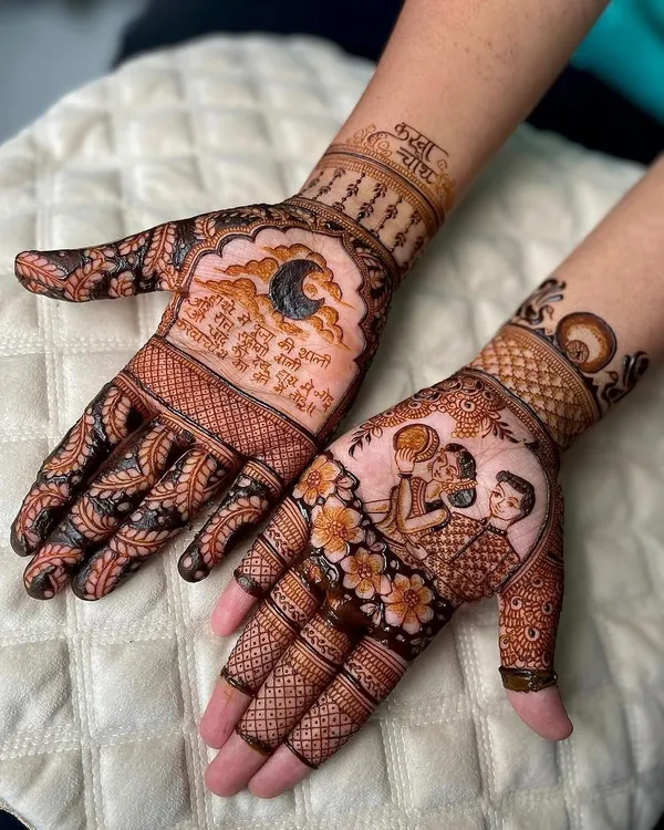A Karwa Chauth special design that tells a story. On one palm, a woman looks at the moon through a sieve, with a heartfelt message written in Hindi. The other palm features a loving portrait of a couple, framed by delicate flowers and traditional patterns.