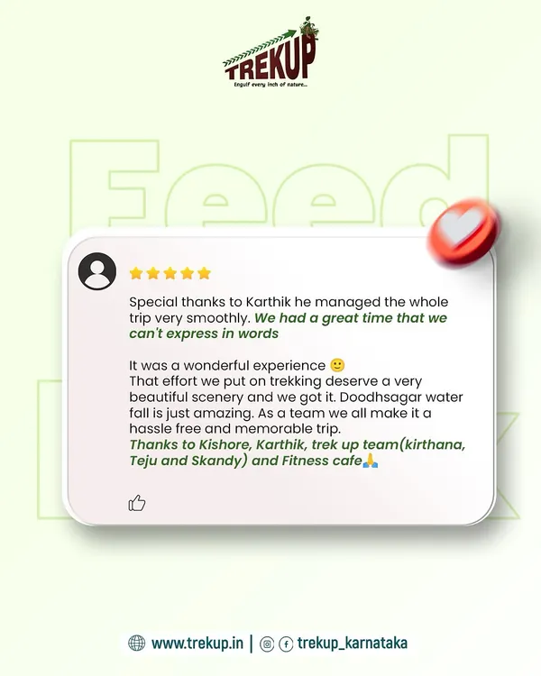 A wonderful review praising our trek lead Karthik for managing the trip smoothly and creating a hassle-free, memorable experience at Dudhsagar.