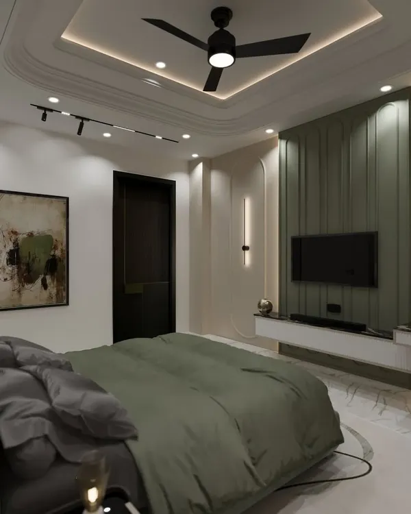 The TV and study wall from the same pastel green bedroom. The design features a fluted panel behind the floating console and integrated track lighting for a clean, functional aesthetic.