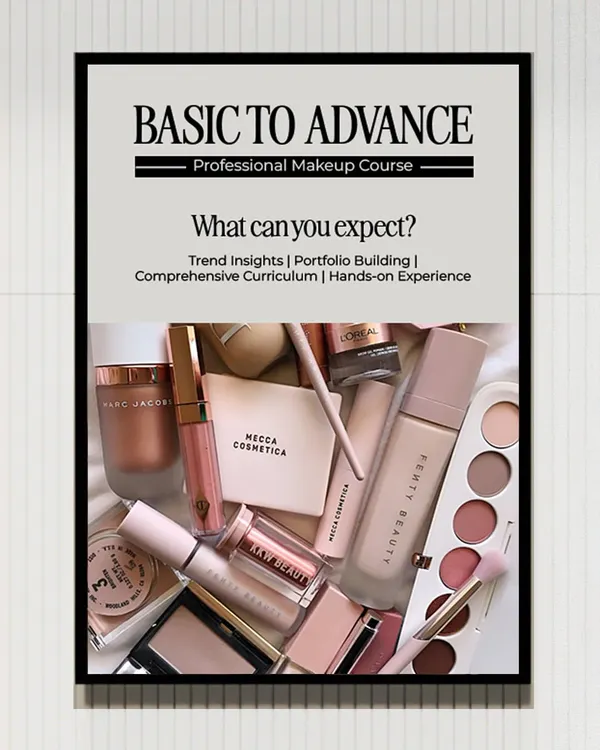 Our 'Basic to Advance' Professional Makeup Course is designed to shape careers. Expect to learn about trend insights, portfolio building, and gain extensive hands-on experience.