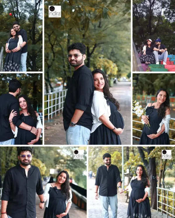 A collage from a beautiful outdoor maternity shoot, showcasing a variety of poses from couple portraits to lovely solo shots of the mother-to-be.