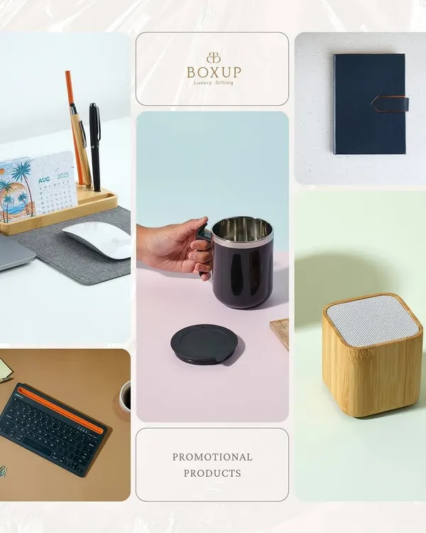 Your brand, everywhere. This mood board showcases some of our popular promotional products, from desk organizers and mugs to Bluetooth speakers and keyboards.