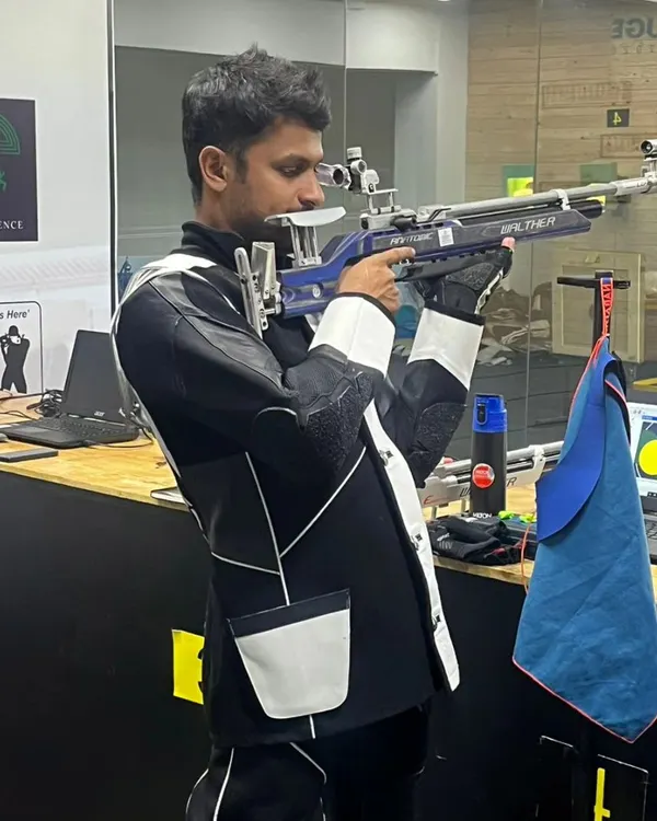Celebrating our coach and shooter Rakesh Manpat's victories at the Karnataka State Shooting Championship, where he won Gold, Silver, and Bronze medals.