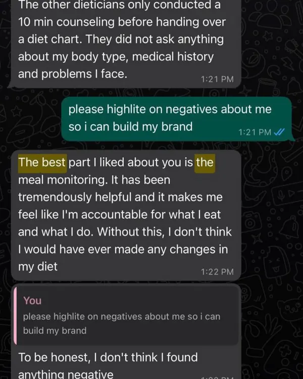 This client's feedback on our daily meal monitoring shows why my approach works. Accountability and consistent support are the keys to making real, lasting changes to your diet and health.