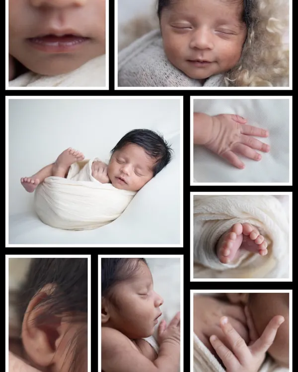This collage is a beautiful way to remember all the little things. It combines a full portrait with close-ups of the baby's hands, feet, lips, and ears, creating a complete story of their newborn features.